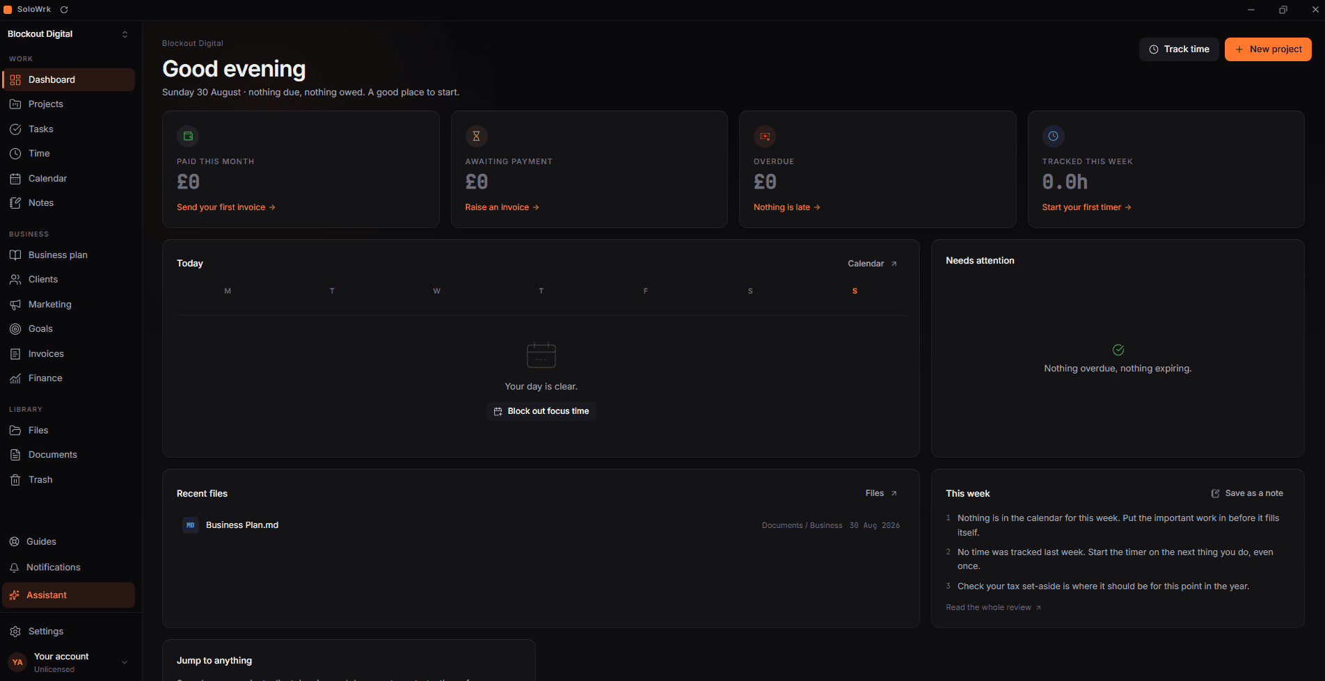 The SoloWork dashboard, showing paid this month, awaiting payment, overdue and tracked time
